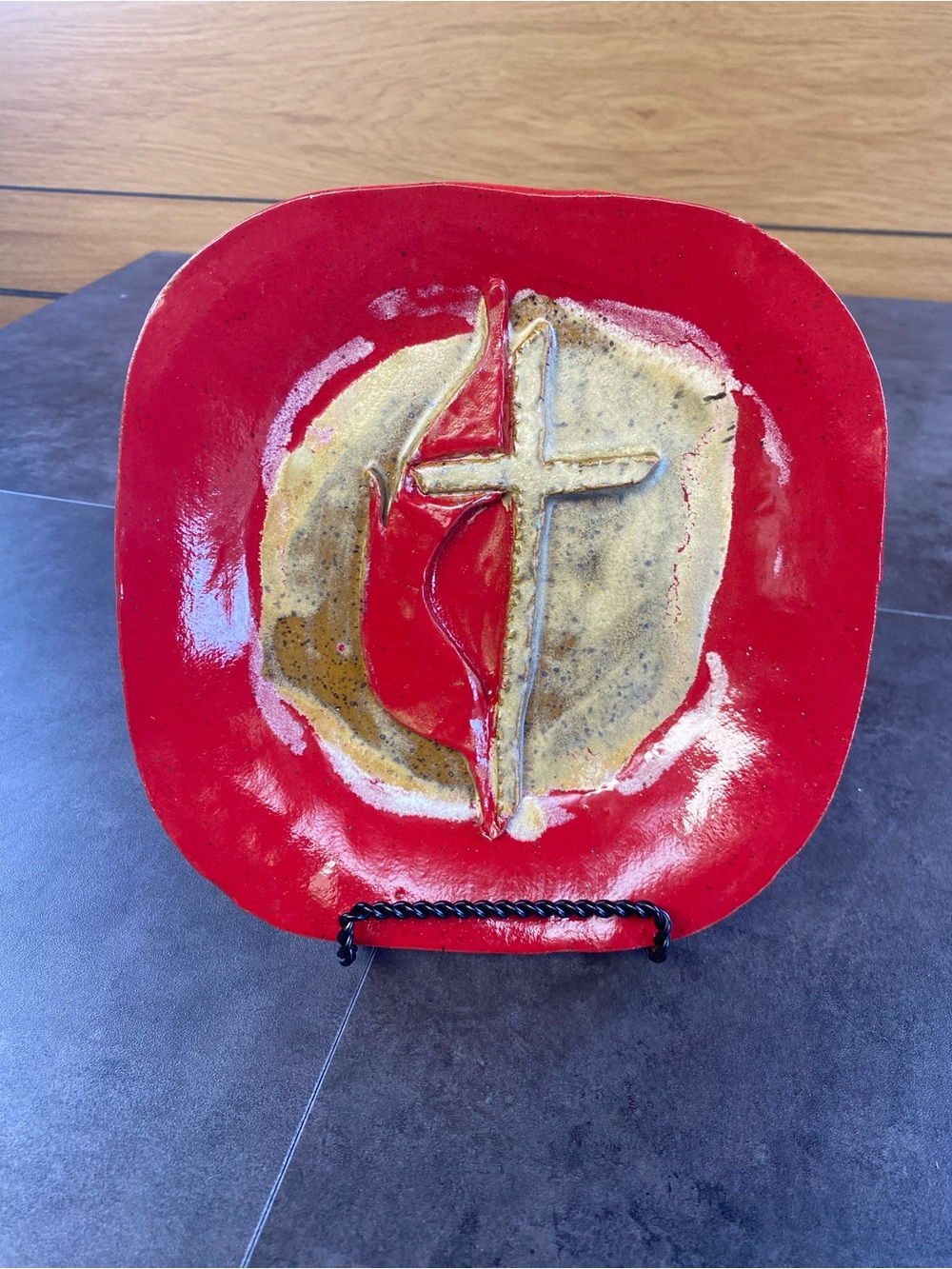 Crossroads Pottery Studio Art Red & brown Plate w/ cross and flame plate